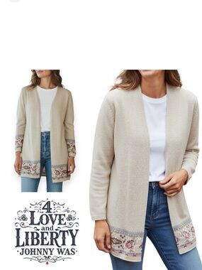 Johnny Was neutral beige open front cardigan with pink mauve floral embroidery M